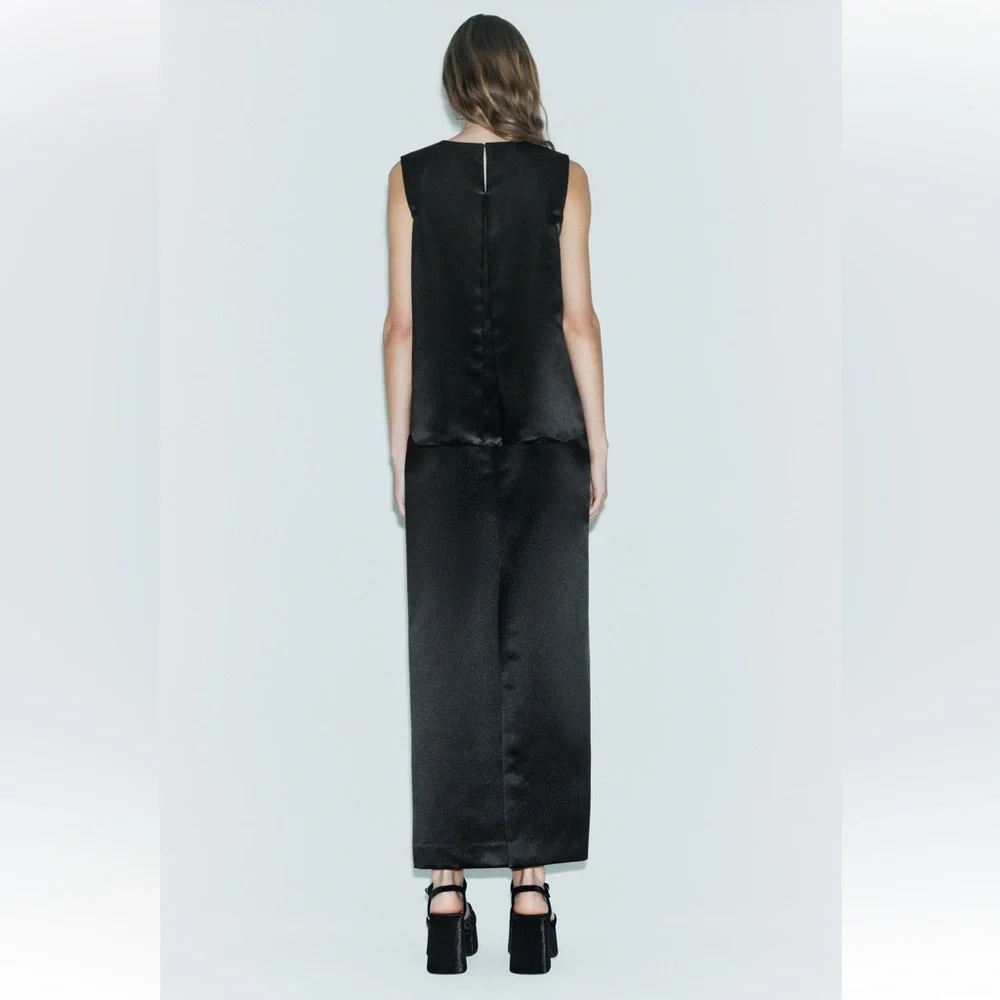 Zara Black Satin Effect high waist Midi Skirt Back Slit Limited Edition XS NWT